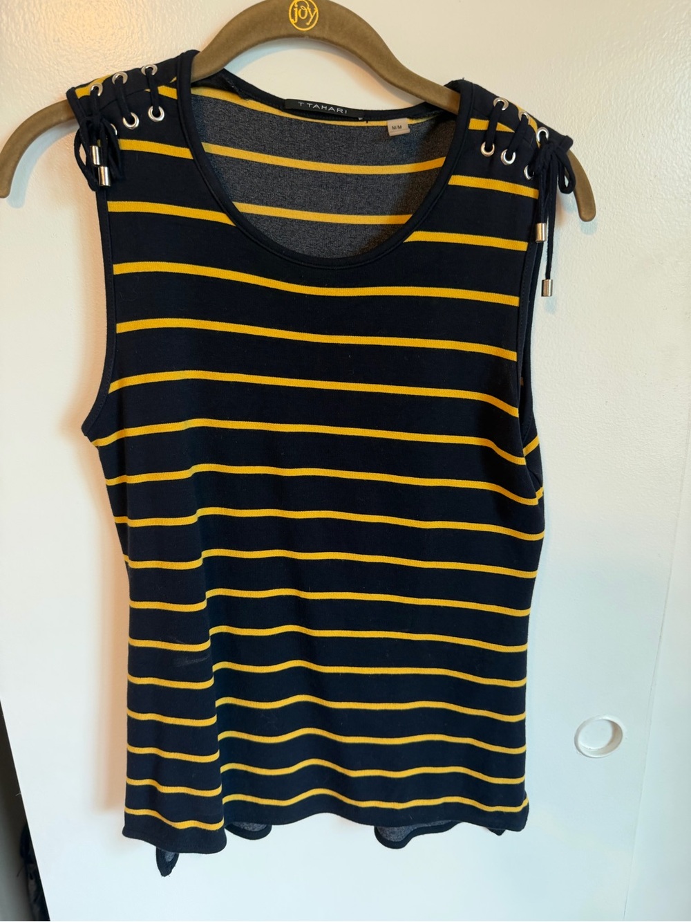 T Tahari Black and Yellow Striped Lace-Up Shoulder Tank